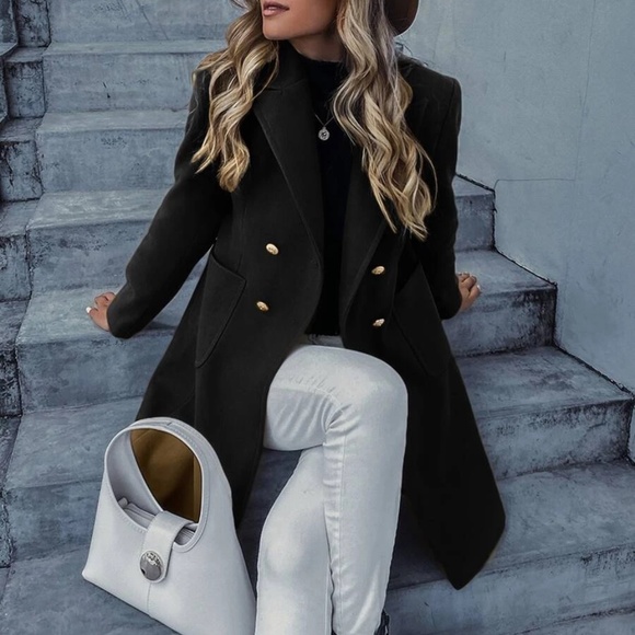 Classic button double breast trench pea coat Jacket - Picture 5 of 11